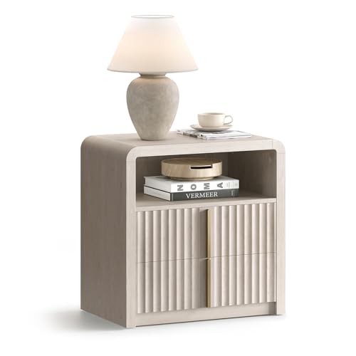 ModernMate Night Stand Set of 2, 23.6" Fluted Nightstand with 2 Drawers, Curve Profile Bedside Table with Solid Metal Handle, Thicken End Side Table for Bedroom, White Alder