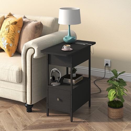 SOOWERY End Table with Charging Station, Narrow Side Table with Flip Top Cabinet and Fabric Drawer, Nightstand Bedside Tables for Small Spaces, Bedroom, Living Room, Black - color: Black