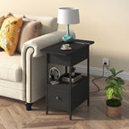 SOOWERY End Table with Charging Station, Narrow Side Table with Flip Top Cabinet and Fabric Drawer, Nightstand Bedside Tables for Small Spaces, Bedroom, Living Room, Black - color: Black