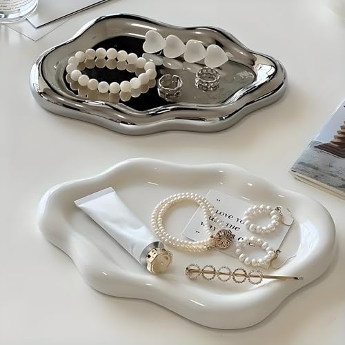 Ceramic Jewellery Dish Trinket Dish Jewelry Tray Cloud Shape Tray Perfume Tray Rings/Earrings/Bracelets/Watch/Keys Tray for Valentine's Day//Mother's Day/Birthday Gift (White) - color: White