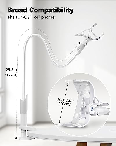 SAIJI Gooseneck Cell Phone Holder, Clamp Universal Lazy Mount Clip Hands Free Flexible Long Arm Bracket Grip for 4-7 Phones Mobile Stand Baby Monitor for Desk, Bed, Office, Kitchen (White) - color: White, size: 33.5 in