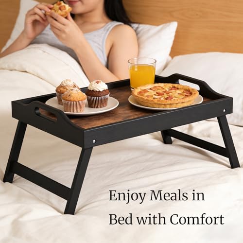 Fibogollo Wooden Bed Tray Table with Folding Legs and Handle,Breakfast Trays,Serving Tray for Food and Snack,Laptop Laptop Desk for Working