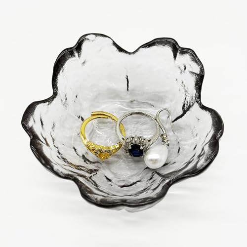 Flower Ring Dish Jewelry Tray, Glass Jewelry Dish Tray, Aesthetic Room Decor Small Trinket Dish, Nightstand Jewlery Ring Holder Dish, Bathroom Jewelry Plate Bowl for Rings Earrings Gift (Smoky Gray) - color: Smoky Gray