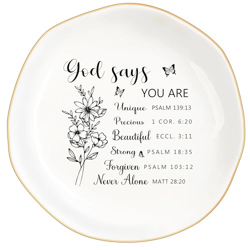 Christian Gifts for Women, Bible Verse Ceramic Jewelry Dish Trinket Ring Tray, Inspirational Floral Gift for Mom Sister Friend Birthday Christmas-God Says You are (White-God Says3) - color: White-God Says3