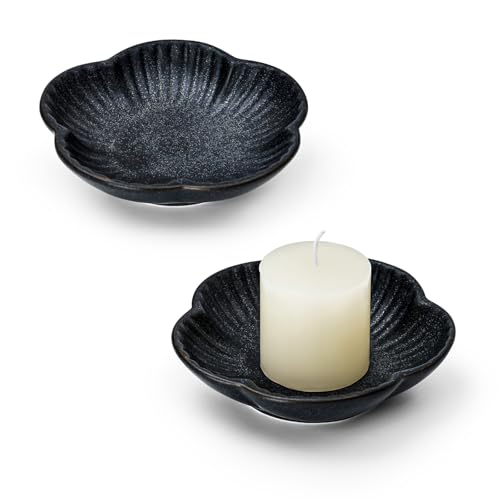 Koythin Ceramic Candlestick Holder for Pillar Candles, Floral Shape Candle Stand & Dish Bowl for Candlesticks, Incense, Decorative Ceramic Plate Tray for Table Centerpiece and Home Decor (Black) - color: Black