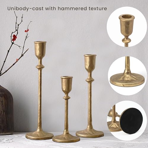 BANOMII Antique Brass Candlestick Holders Set of 3, Cast Iron Taper Candle Holder for Dining Table Centerpiece, Wedding, Fireplace Mantel Decor, Vintage Tall Candle Stands, Christmas Decorations - color: Brass Gold