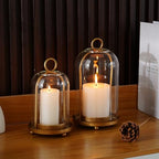 Glass Hurricane Candle Holder Decorative Gold Candle Lantern, Pillar Candlestick Holders Set of 2, Hanging Metal Holder Modern Table Centerpieces, Antique Brass - color: Gold