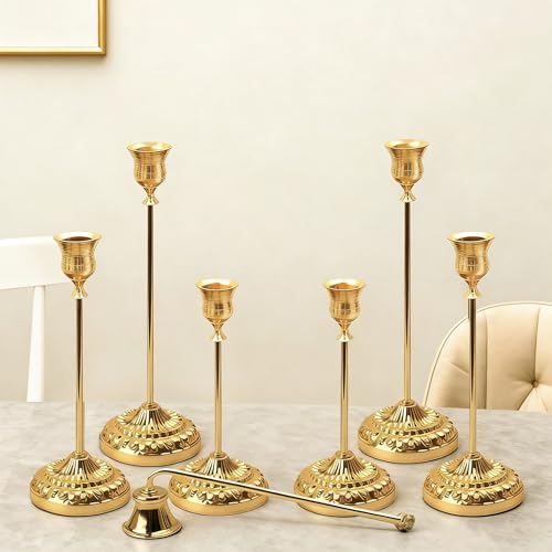 BEAHOT Gold Candle Holders, Set of 6 with Matching Candle Snuffer – Elegant Non-Slip Candlestick Holders for Christmas Decorations Wedding Centerpiece, Dining Table & Home Gift Display - color: Gold 6 Pack