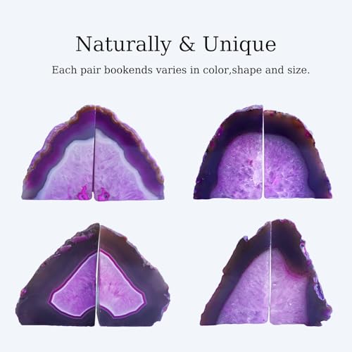 Natural Pink Dyed Agate Geode Bookends - 3 to 4 lb Heavy Duty Rock Crystal Stone Book Ends for Shelves, with Rubber Bumpers, Decorative Book Holders for Home Office - color: Pink, size: 3-4 Lbs