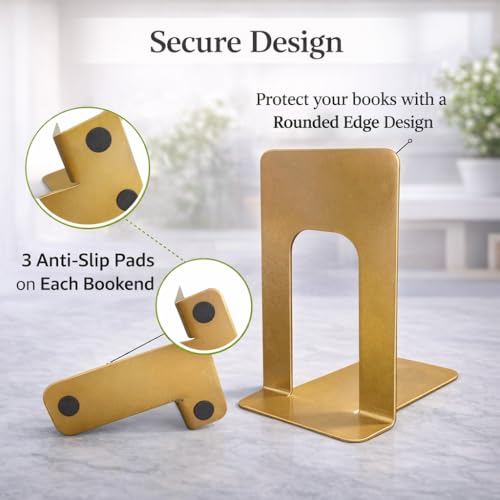 Alessk Dark Matte Gold Bookends for Shelves, Heavy Duty Metal Bookends Supports Heavy Books, Decorative Gold Stops for Home or Office Decoration - 3 Pairs (6 Pieces). - color: Gold 3 Pairs