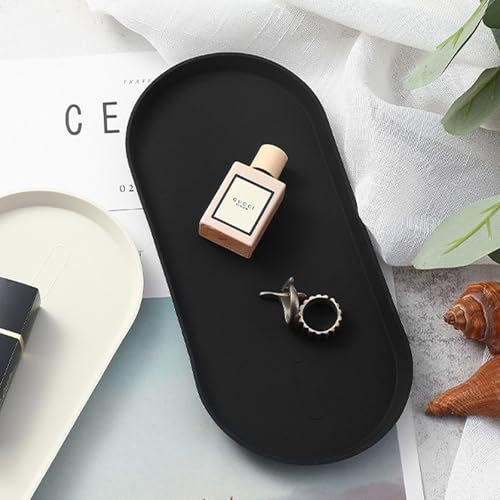 Black Silicone Vanity Tray, 8.66x3.94 Inch Oval Food-Grade Counter Organizer, Dishwasher Safe Scratch-Proof Storage Tray for Jewelry Makeup Bathroom Desk - color: Black