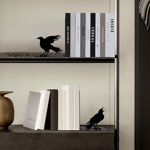 Raven Decor Gothic Room Bookends - Unique Raven Statue Designed for Shelves - Modern Decorative Book Holders for Kids