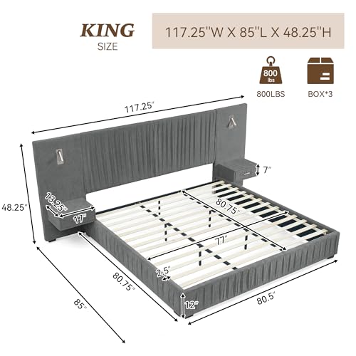 Luxury King Size Bed Frame with Oversized Upholstered Headboard, Modern Chenille Upholstered Platform Bed Frame with Gold LED Lights, Nightstands, No Box Spring Needed, Dark Grey - color: Dark Grey, size: King