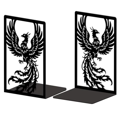 Peacoblue Metal Bookends for Shelves, Modern Decorative Heavy Duty Study Book Ends Stoppers for Office, Desk, Shelf, Room 5.3"x4.3"x7.9" Cast Iron Simple Tall Bookends 1 Pair (Phoenix) - style: Phoenix
