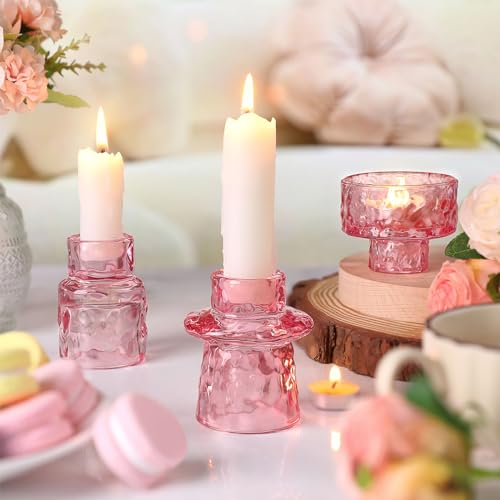 HAVITI 6 PCS Candlestick Holders, Pink Taper Candle Holders, Tealight Candle Holder Glass for Galentines Valentines Wedding Centerpieces Dinner Party Baby Shower Table Decor - color: Pink