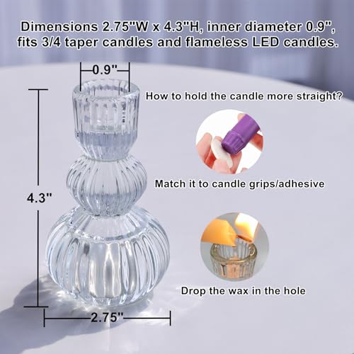 Woho Clear Taper Candle Holders 4.3" H Set of 3 for Wedding Table, Ribbed Glass Candlestick Holders for Daily Home Decor, Vintage Candle Sticks Holder Decor for Thanksgiving Christmas - color: Clear