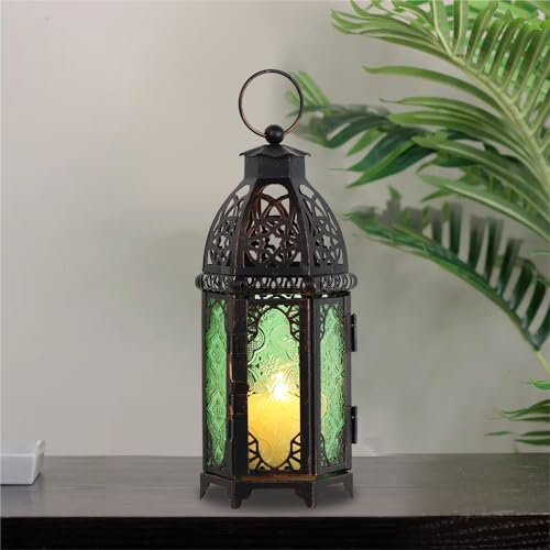 NEEDOMO Hanging Moroccan Lantern, 11'' Vintage Candle Holder, Metal Lanterns Decorative Indoor Outdoor, Table, Patio, Porch, Shelf, Gothic Home Decor (Green, Medium Size) - color: Green, size: Medium