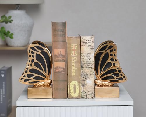 Vintage Brass Butterfly Bookends,Resin Book Ends for Shelves,Heavy Duty Decorative Bookends,Creative Book Stopper Holder Decor for Desk Home Office,Shelf Decoration,Gifts for Mother's Day - color: Black Brass