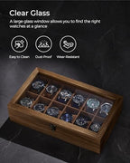SONGMICS 12-Slot Watch Box, Watch Display Case with Large Glass Lid, Removable Watch Pillows, Velvet Lining, Gift Idea, Rustic Walnut UJOW120K01 - color: Rustic Walnut, size: 1 Layer 12 Slot