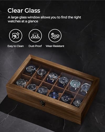 SONGMICS 12-Slot Watch Box, Watch Display Case with Large Glass Lid, Removable Watch Pillows, Velvet Lining, Gift Idea, Rustic Walnut UJOW120K01 - color: Rustic Walnut, size: 1 Layer 12 Slot
