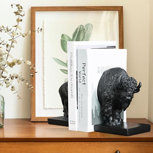 Decorative Bookends, Art Book Ends for Heavy Books, Heavy Bookends for Shelves, Vintage Non-Slip Base Book Holder, Resin Book Stopper for Home Office Decor (Black Buffalo) - color: Black Buffalo