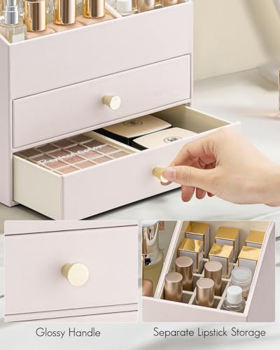 Vlando Makeup Organizer,Skincare Organizer for Vanity，PU Leather Make up Organizer with Drawers Cosmetic Display Case for Countertop,Perfume,Gifts Ideas for Women (Apricot White) - color: 3 layers-Apricot White