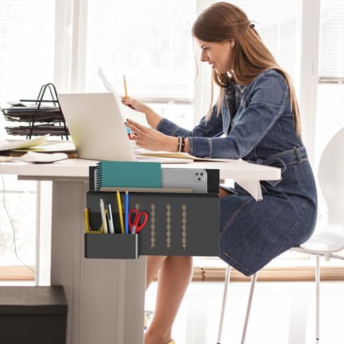 HAMOPY Desk Side Storage, Single-Layer Steel Hanging Desk Organizer with Magnetic Pen Holder, No Drilling Desk Drawer Cable Management Tray, Under Table Laptop Holder for Office, School&Home(Black) - color: Black, size: Single(1 Tier)