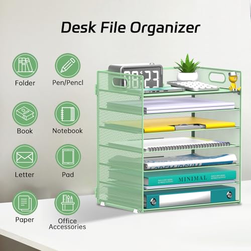 7 Tier Paper Organizer - Mesh Desktop File Holder with Handles for Office School Desk, Black (Mint green) - color: Mint green