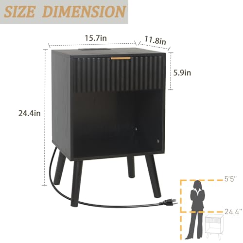 Fultyle Fluted Black Nightstand with Charging Station, Mid Century Modern Bedside Table with Drawers and Outlet,Side Tables Living Room, Wooden Night Stand for Bedroom, Office (Black) - color: Black With Charging Station