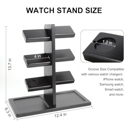 Watch Stand for Men, Watch Display Stand with Charger Groove, Wooden Watch Holder Stand, Jewelry Holder Organizer for Rings, Jewelry, Coins Bracelets, Great Gifts for Men Women, Black - color: Black