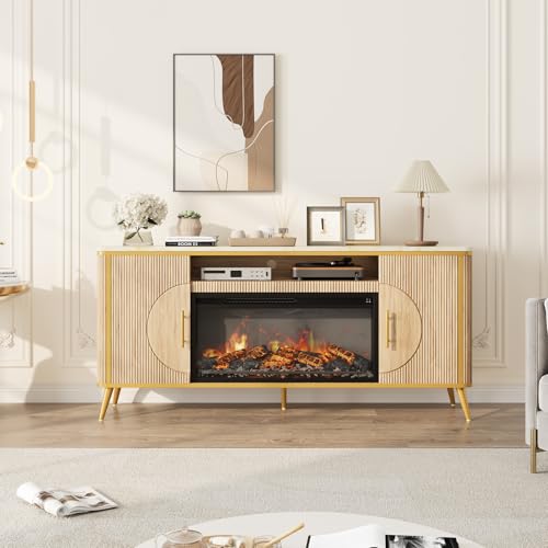Fluted Fireplace TV Stand Up to 80" TVs, Modern Entertainment Center with 30" Electric Fireplace, Luxury Media Console with Adjustable Shelves for Living Room, Nature Oak - color: Nature Oak