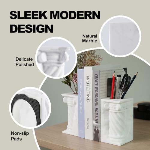 Decorative Roman Column Book Ends & Vase - Heavy Duty Marble Book Ends for Heavy Books, Vintage Home Office Decor, Dual Use as Flower Vase, Natural Stone Bookends for Shelves (2PC, White) - style: Classical -White