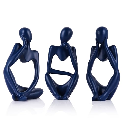 Navy Blue Thinker Statue Set of 3 - Navy Blue Decor for Table, TV Stand, Shelf, Desk - Resin Figurines for Living Room, Minimalist Bookcase Decorative, Modern Sculpture, Home Accents - color: Blue