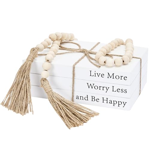 Decorative Books for Home Decor, White Faux Books for Decoration, Rustic Farmhouse Stacked Display Books with 52in Wood Bead Garland for Coffee Tables Living Room, (Happy) - style: Happy