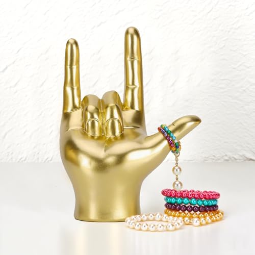 Gold Resin Rock On Hand Gesture Statue - Modern Office Desk Decor & Home Shelf Accents - Rock Culture Music Lovers' Decorative for Living Room, Bookshelf, 6.89"