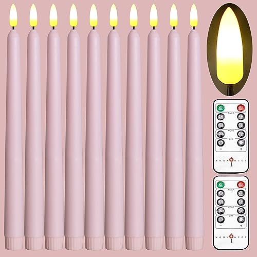 10 Pack Pink Flameless WAX Coverd 11'' Taper Candles with 2 Remote, LED Battery Operated Flickering Bright candle for proposal, wedding, festive, Family dinner, birthday party, or home decor - color: Pink