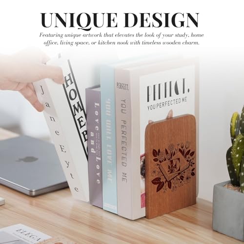 Wood Bookends, Book Ends for Shelves with Decorative Alphabet A and Z Design - Heavy Duty Iron & Ebony Wood Book Ends for Shelves Bookcase Desk - 1 Pair - E - color: E