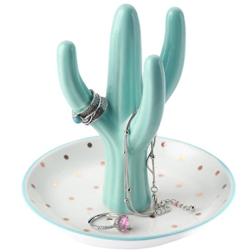 PUDDING CABIN Cactus Ring Holder, Birthday Gift for Women Her Mom Friend Female, Macaron Jewelry Dish with Dots Ins Room Decor Jewelry Dish for Rings Earrings Bracelets Necklace Organizer… - style: Macaron Blue Cactus