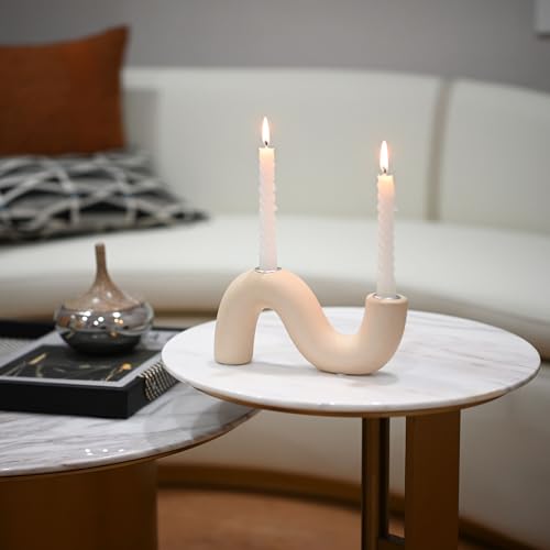 Ceramic Candle Holder, Modern Taper Candlestick Holder for Dining Table, Living Room Coffee Table, Candelabra for 2 Taper Candles - color: Cream