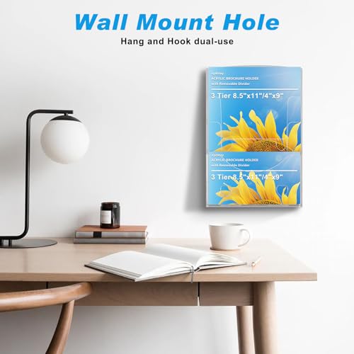 xydstay Acrylic Brochure Holder 8.5x11 Inches, 3 Tier Clear Display Stand Slant Back Design, Plastic Table Stand Sign Holder with Divider Wall Mount xydstay Acrylic Brochure Holder 8.5x11 Inches, 3 Tier Clear Display Stand Slant Back Design, Plastic Table