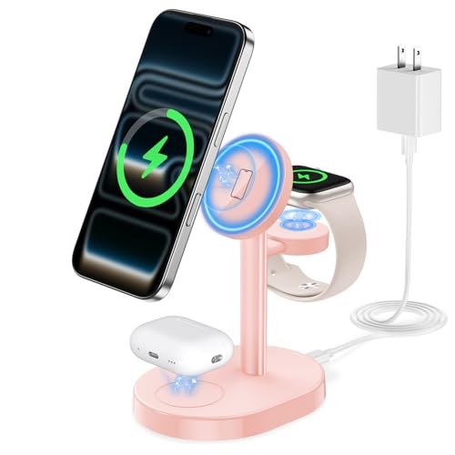 Hevanto 2026 3 in 1 Wireless Charging Station for Apple MagSafe Charger, 15W Fast Mag-Safe Charger Stand for iPhone 17 16 15 14 13 12 Apple Watch AirPods Compatible with MagSafe, Pink - color: Pink