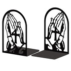 Peacoblue Metal Bookends for Shelves, Modern Decorative Heavy Duty Study Book Support Stoppers for Office, Desk, Shelf, Room 5.3"x4.3"x7.8" Cast Iron Tall Bookends, 1 Pair (Praying Hands and Cross) - style: Folded Hands and Cross