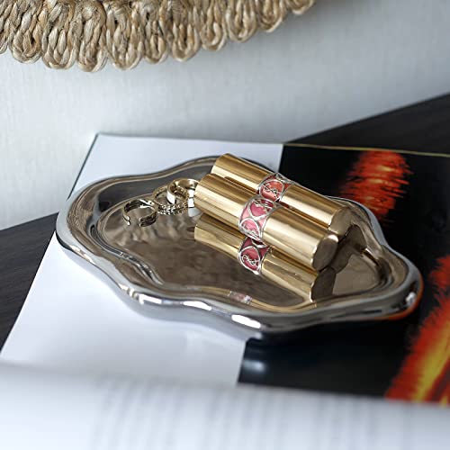 Jewelry Dish Trinket Tray for Women, Ring Dish Holder, Unique Cloud Shape Ceramic Plate Cute Things Vanity Aesthetic Room Decor Mother's Day Birthday (Silver) - color: Silver
