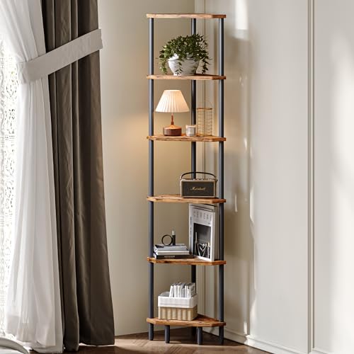 6 Tier Corner Shelf, 66.5'' Tall Standing Shelf, Narrow Display Shelf Stand, Modern Corner Bookshelf, Plant Stand, Corner Bookcase for Living Room, Bedroom, Bathroom, Rustic Brown LCS502R - color: Rustic Brown