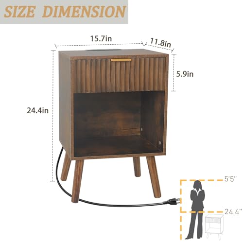 Fultyle Mid Century Modern Nightstand with Charging Station, Modern Bedside Table with Fluted Drawer and Storage Shelf, End Side Tables Living Room for Bedroom, Office (Rustic Brwon) - color: Rustic Brown With Charging Station