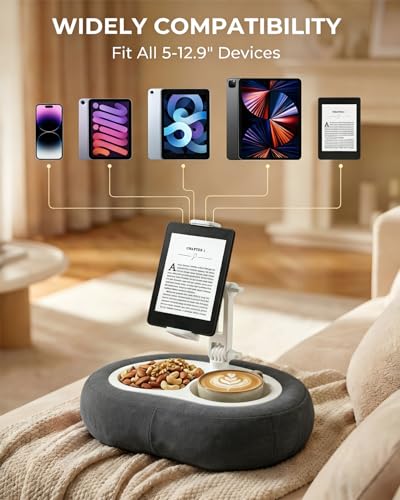Miledi Tablet Pillow Stand, Compatible with 5"-12.9" Kindle, iPad, Phone/Tablet, 360° Rotating Phone Holder for Bed, Soft Plush Fabric, Detachable Bowl, Reading and Relaxation on Bed, Black - color: Black