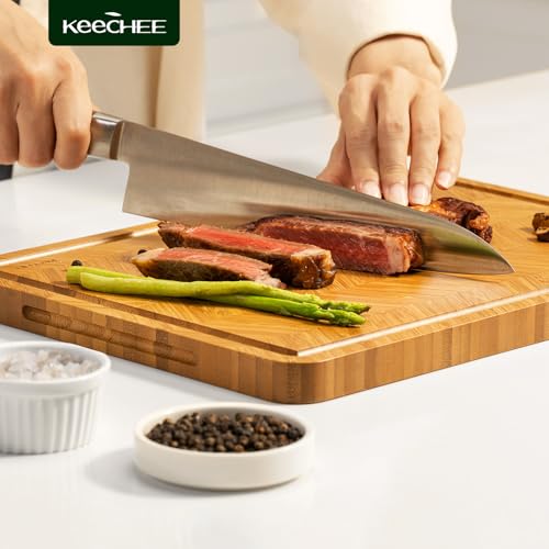 Keechee Atelier Collection Bamboo Cutting Board, Reversible Wood Chopping Boards for Kitchen with Juice Grooves, Handcrafted Large Serving Tray, Luxury Housewarming Wedding Gifts for New Home - size: One Piece M