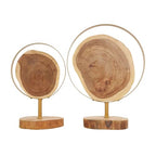 Deco 79 Wood Abstract Handmade Decorative Sculpture Live Edge Slab Home Decor Statues with Gold Metal Rings, Set of 2 Accent Figurines 14", 11"H, Brown - size: 14", 11"H