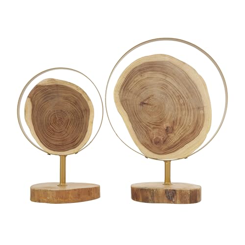 Deco 79 Wood Abstract Handmade Decorative Sculpture Live Edge Slab Home Decor Statues with Gold Metal Rings, Set of 2 Accent Figurines 14", 11"H, Brown - size: 14", 11"H