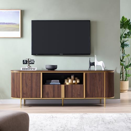 OKD Luxury 70" Fluted TV Stand, Modern Chic Entertainment Center for TVs Up to 80 inches, TV Console with Faux Marble Top, Curved Profile Design, Media Console for Living Room, (Dark Walnut) - color: Dark Walnut, size: 70" TV Stand without Fireplace